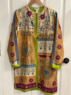 Sandy Starkman Silk Embroidered Beaded Jacket Duster Coat India M Boho Art
